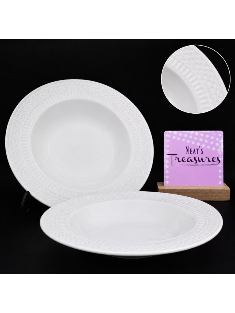 Livingquarters LIQ10 White Embossed Basketweave Rimmed 9" Pasta Soup Bowls Set 2